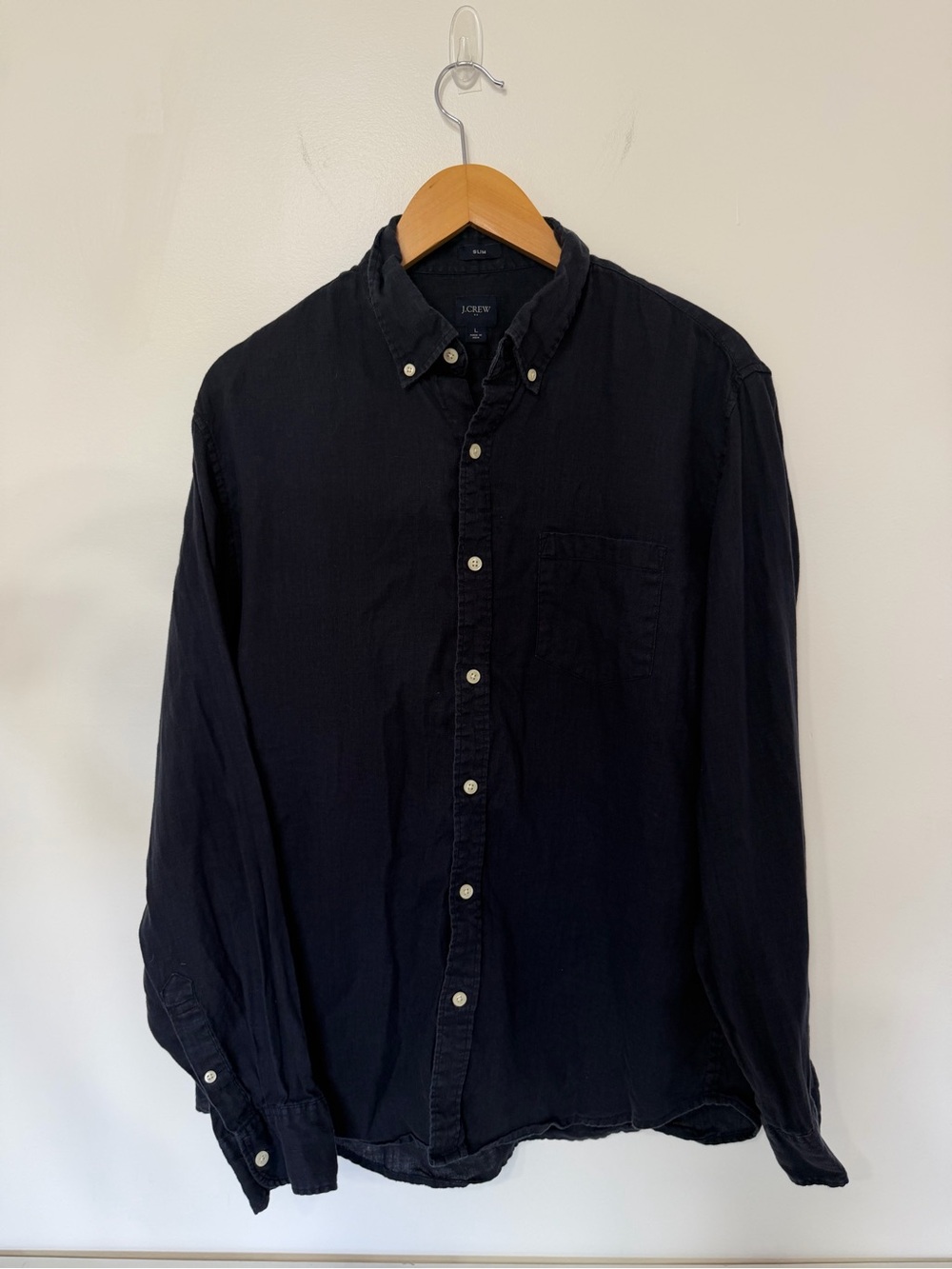 J.Crew Men’s L Navy Linen Cotton Button Down Shirt Slim Fit Long Sleeve Coastal